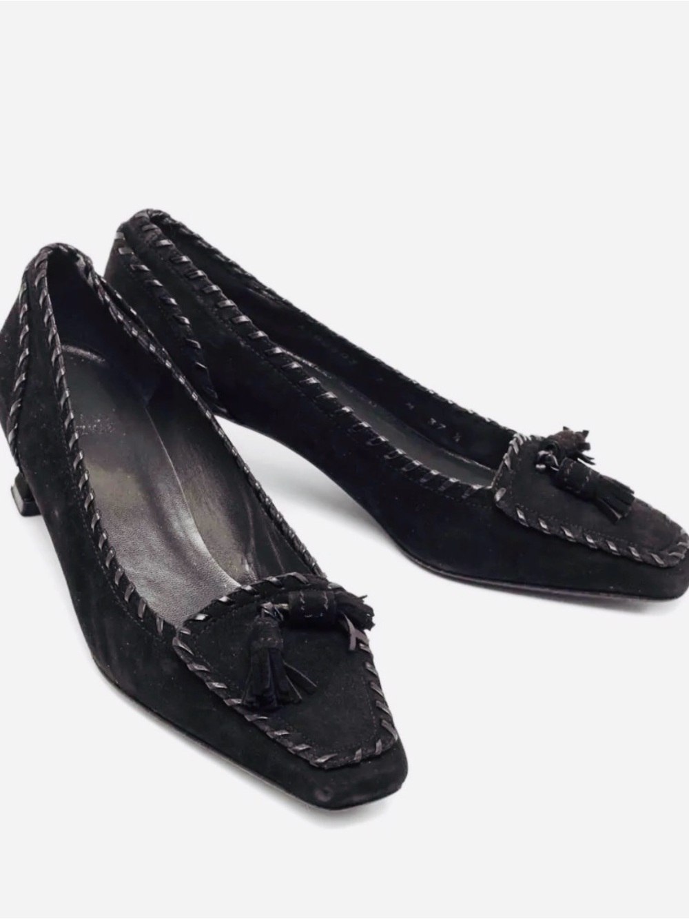 Stuart Weitzman Black Suede Tassel Whipstitch Square Toe Block Heel Pumps chic